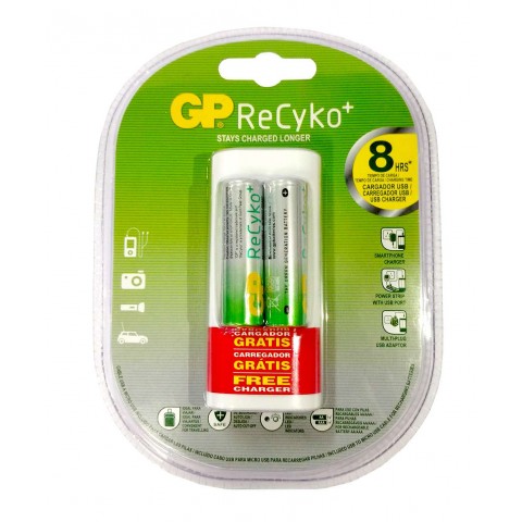 Pilha Recarregável ReCyko AA 2pcs + Carregador portátil USB U211 Grátis em Blister - GPRHOU211027 – GP Batteries 