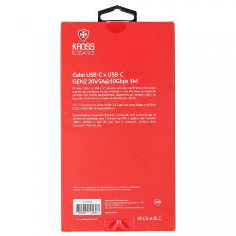 Cabo Conversor Kross USB-C para USB-C GEN2 20V5A @10Gpbs 1m KE-UC0121