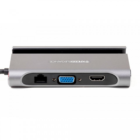 Dock Kross USB-C 7 em 1 (3 x USB 3.0 + HDMI + VGA + LAN RJ45 + USB-C Energizado PD + Suporte para Smartphone) KE-UC0206