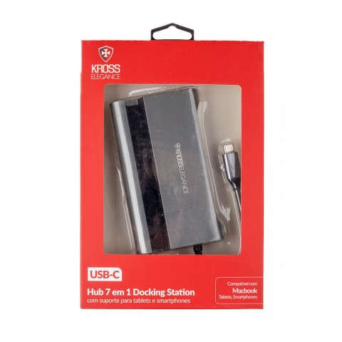 Dock Kross USB-C 7 em 1 (3 x USB 3.0 + HDMI + VGA + LAN RJ45 + USB-C Energizado PD + Suporte para Smartphone) KE-UC0206